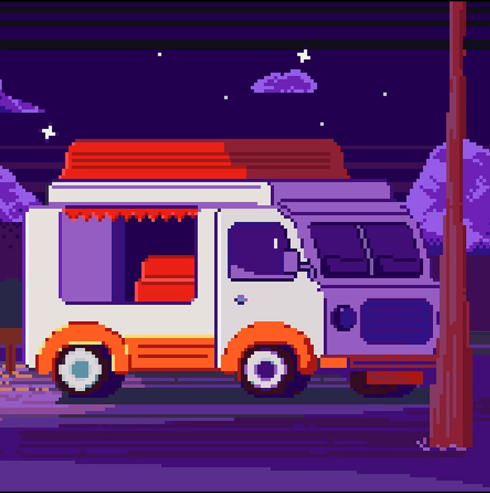 Фургон ночью в фиолетовых оттенках